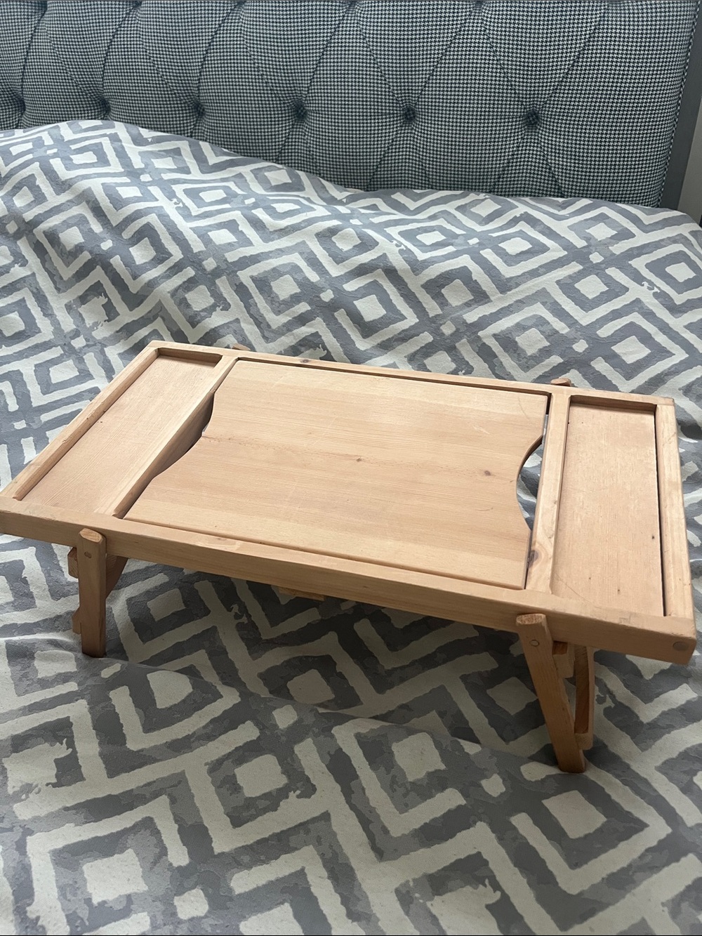 Wooden Folding Breakfast Tray with Side Compartments - Natural Wood